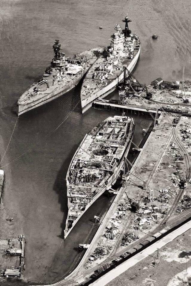 HMS Rodney and HMS Nelson scrapped at Rosyth, Scotland in 1949. The third ship is HMS Revenge.